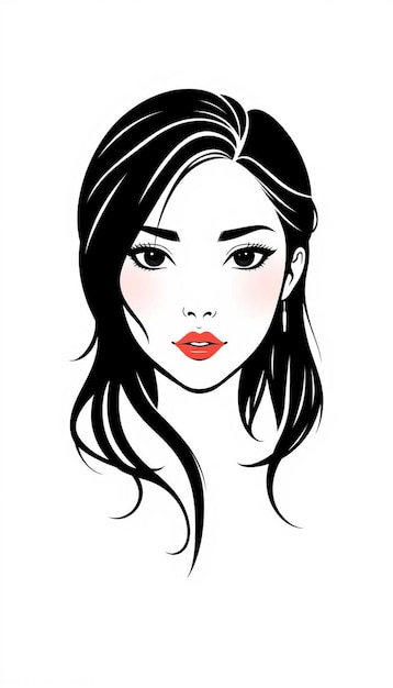 Woman black hair long bangs red lips white background