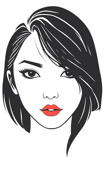 Woman black hair long bangs red lips white background