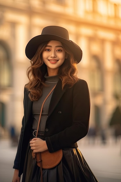 A woman in a black hat and a black hat stands on a street in front of a building.