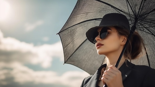 A woman in a black hat and sunglasses holds an umbrella.