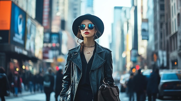 a woman in a black hat and sunglasses walks down a street