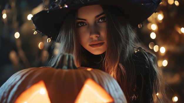 a woman in a black hat with a pumpkin in the background