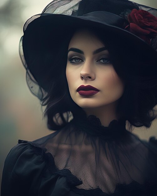 a woman in a black hat with a red flower on her head