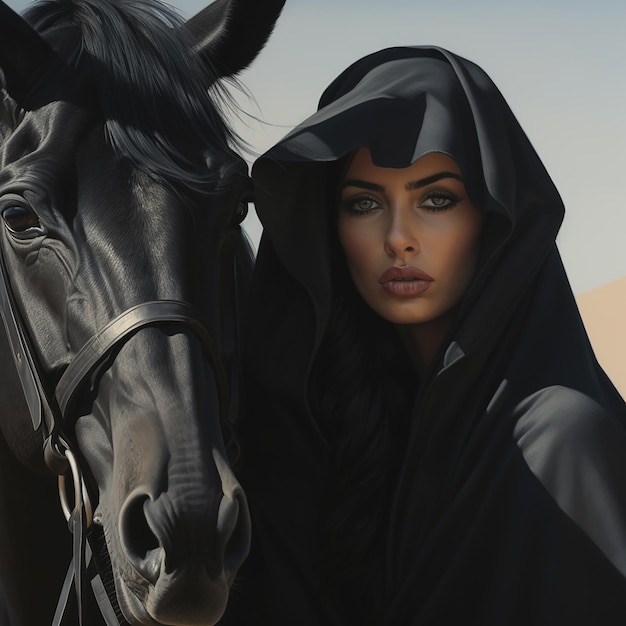 Photo a woman in a black hijab with a horse