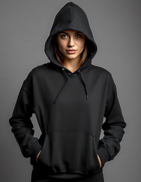 Photo a woman in a black hooded sweatshirt suitable for cropped hoodie mockup making of internet