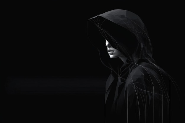 Photo a woman in a black hoodie is standing in a dark room