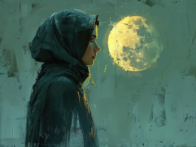 a woman in a black hoodie stands in front of a full moon