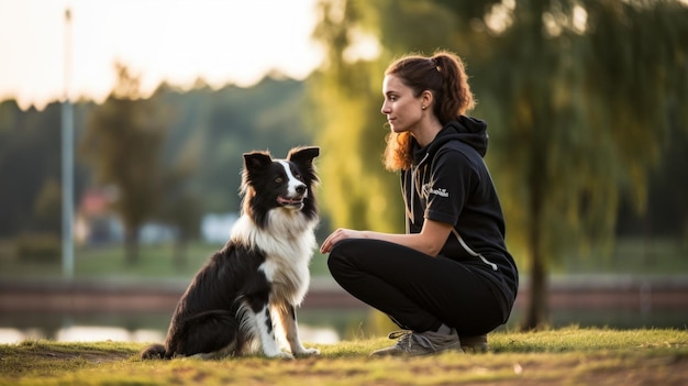 a woman in a black hoodie with a dog on the grass