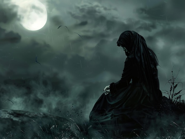 a woman in black is sitting in the grass with a full moon in the background