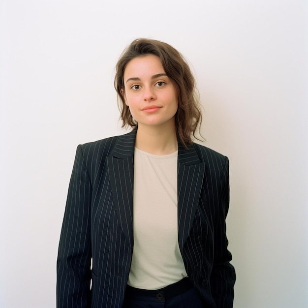 a woman in a black jacket and blue jeans stands against a white wall.