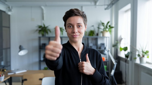 Photo a woman in a black jacket giving a thumbs up