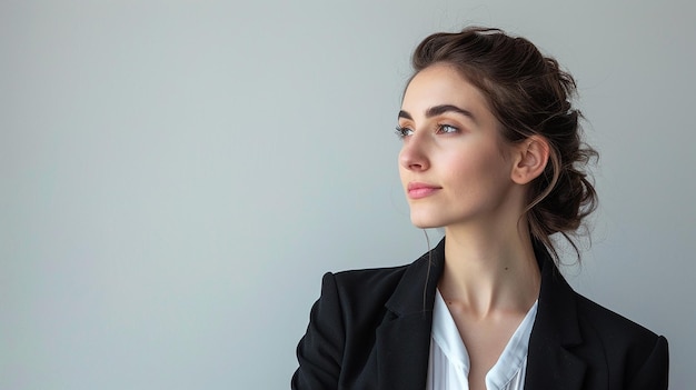 a woman in a black jacket and a white shirt is posing for a photo