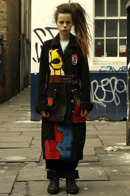 a woman in a black jacket and a white shirt is standing in front of a building with graffiti on it