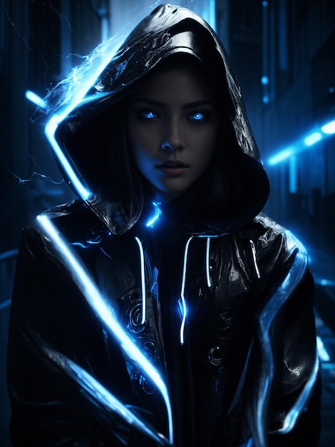 a woman in a black jacket with a blue light on her face