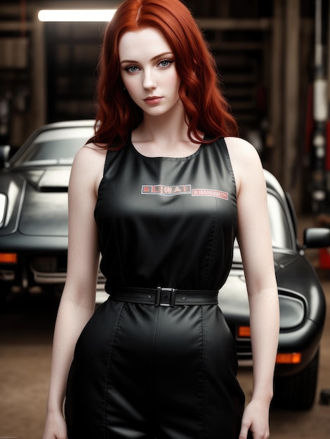 A woman in a black jumpsuit with the word auto service on the front