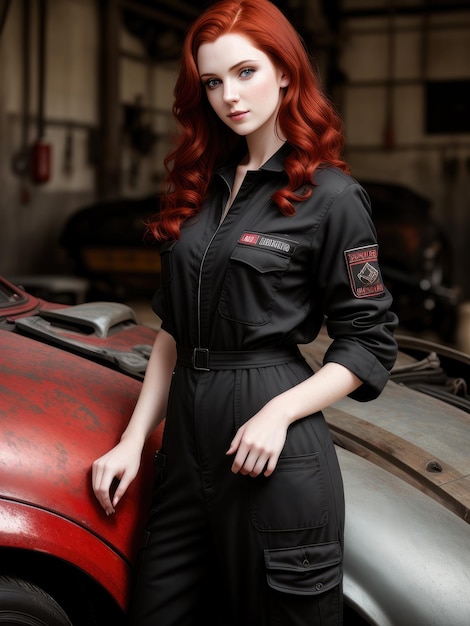 A woman in a black jumpsuit with the word auto service on the front