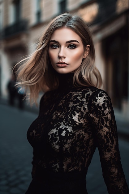 A woman in a black lace top stands on a street in paris.