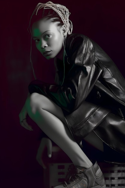 A woman in a black leather jacket is sitting on a stool.