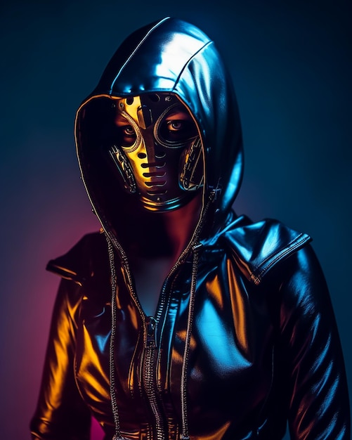 A woman in a black leather jacket with a mask on her face