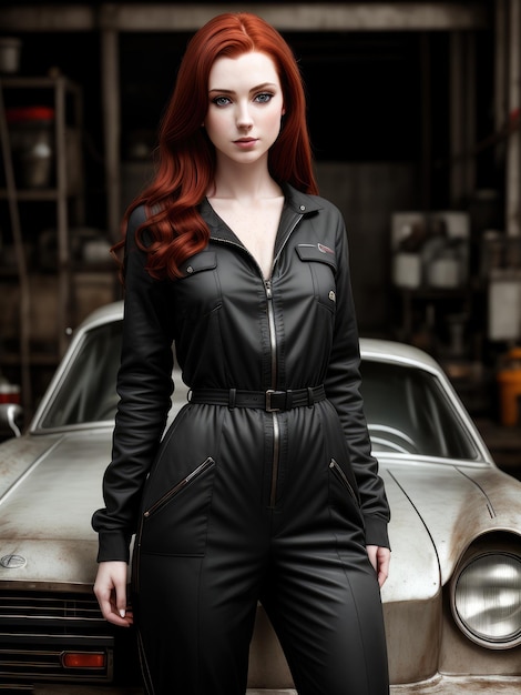 A woman in a black leather jumpsuit stands in front of a vintage car.