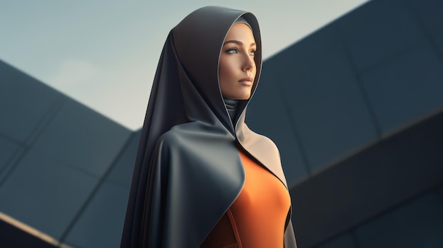 A woman in a black and orange outfit stands in front of a black backdrop.