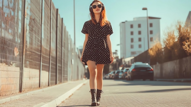 Photo a woman in a black polka dot dress and black boots walks down a city street while wearing headphones