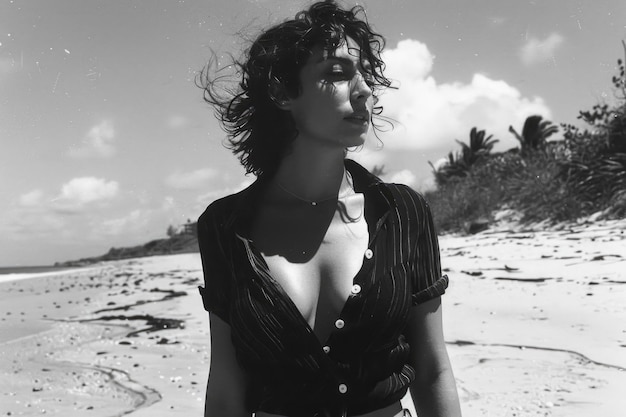 Woman on black sand beach