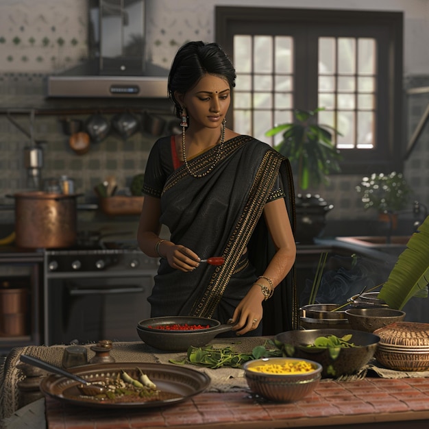 Photo woman in a black sari preparing food in a kitchen generative ai