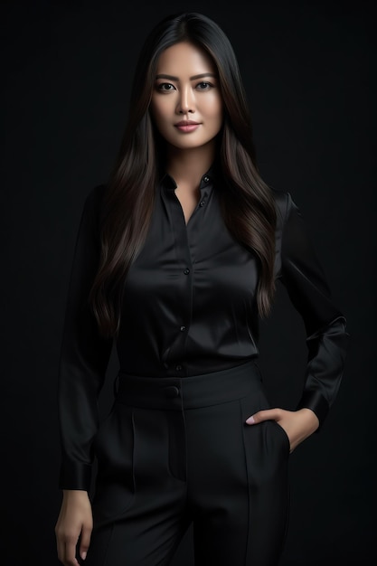 A woman in a black shirt and black pants stands in a dark room.