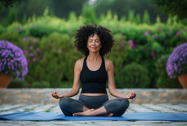 a woman in a black shirt is doing yoga in front of a garden with flowers in the background