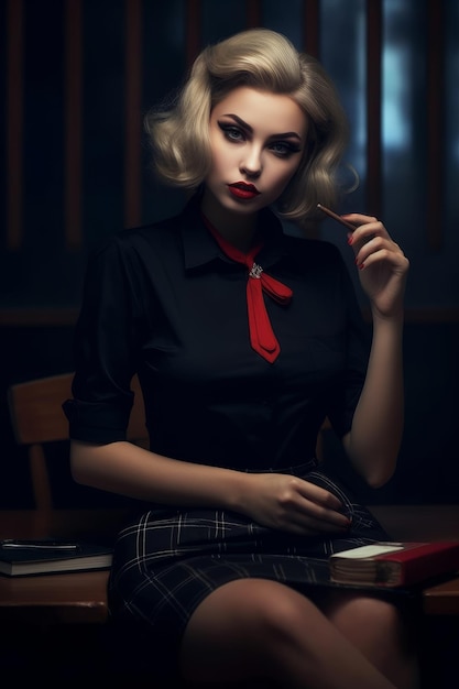 A woman in a black shirt and a red tie sits on a table in a dark room.