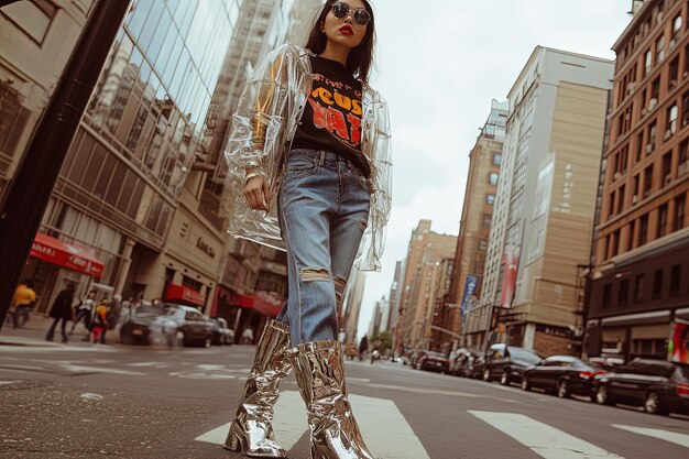 Photo a woman in a black shirt and silver boots