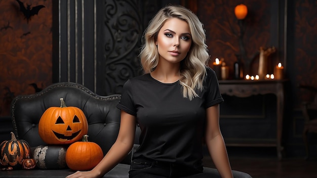 a woman in a black shirt sits on a couch with pumpkins in the background