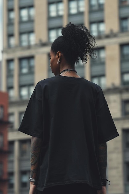 Photo a woman in a black shirt standing in front of a tall building