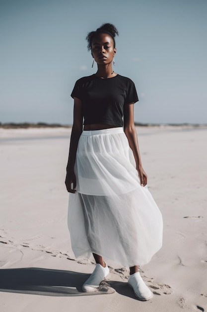 A woman in a black shirt and white skirt stands on a beach.