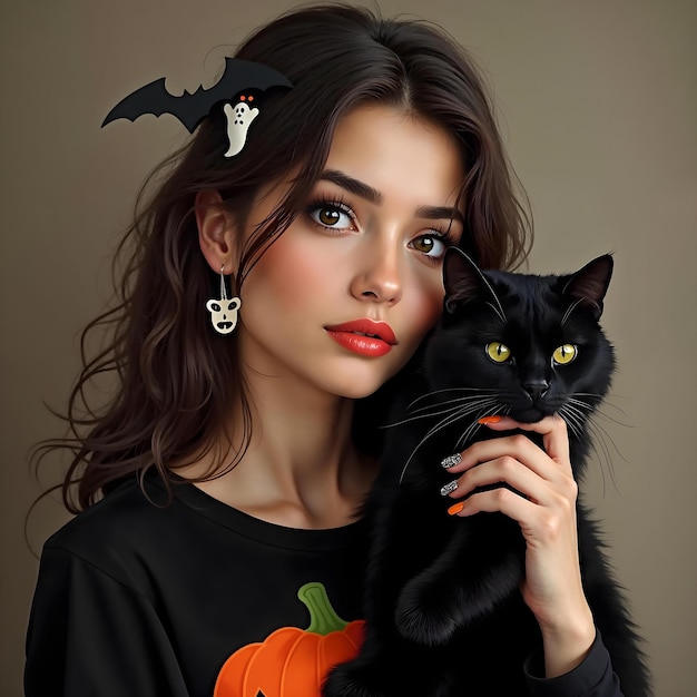 a woman in a black shirt with a black cat on her shoulder