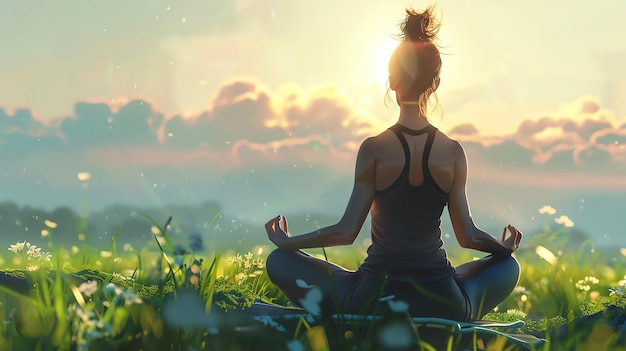 A woman in a black sports bra and black leggings is sitting in a yoga pose on a green field