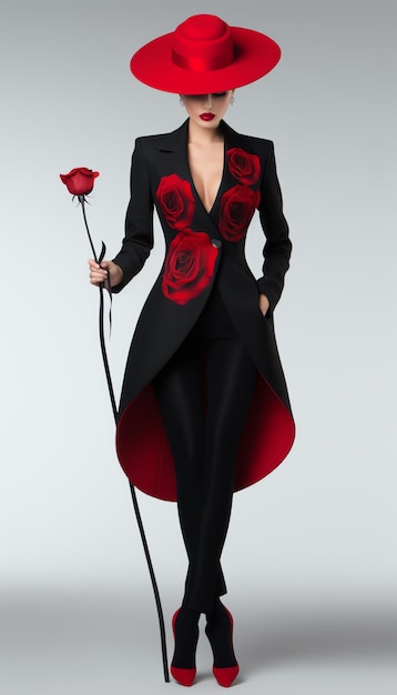 A woman in a black suit holding a red rose