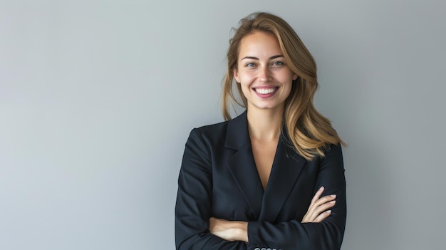 Photo a woman in a black suit smiling with her arms crossed