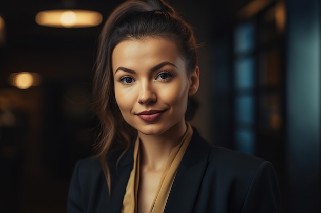 A woman in a black suit stands in a dark room with a dark background