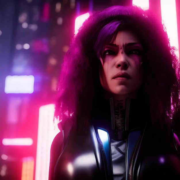 A woman in a black suit stands in front of a neon city.