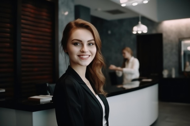 A woman in a black suit stands in front of a reception desk.