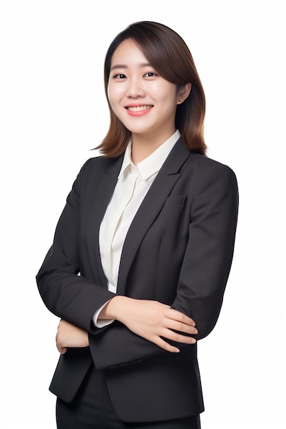 A woman in a black suit stands in front of a white background.