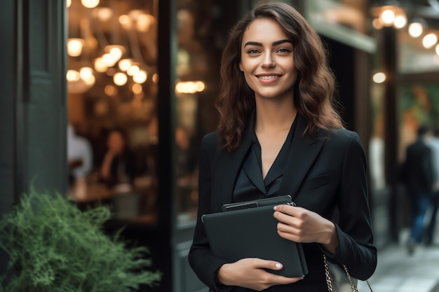 A woman in a black suit stands outside a restaurant holding a tablet.