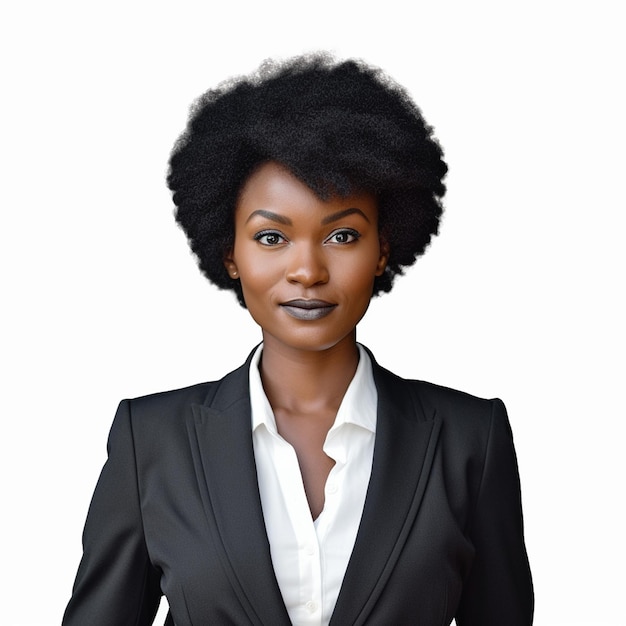 A woman in a black suit and white shirt with the word afro on it.