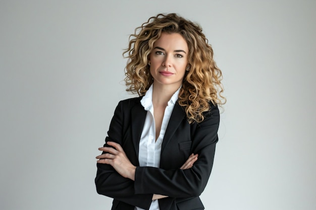 a woman in a black suit and white shirt