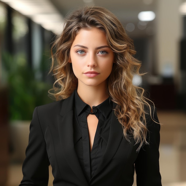 a woman in a black suit with a black shirt and a black shirt.