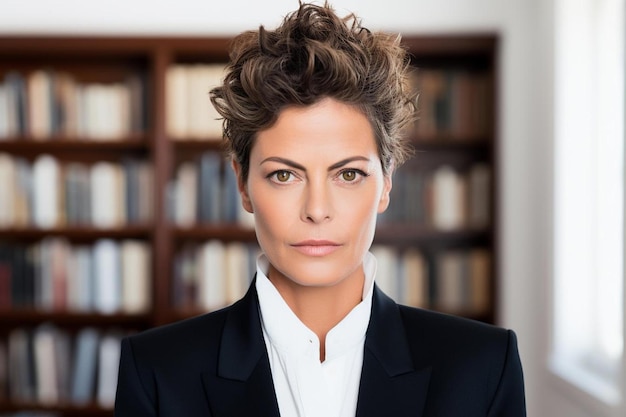 Photo a woman in a black suit with a white collar and a white shirt