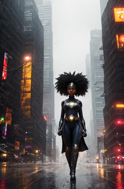 A woman in a black super hero costume stands in a city street.