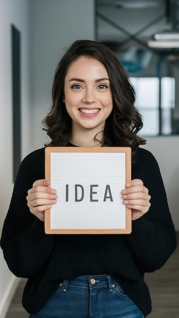 Woman in black sweater holding a square idea board